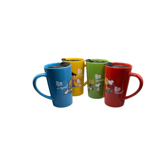 Peanuts Ceramic Travel Mugs/M1Cups Set Of 4 With Lids Inspiration Cartoon Snoopy - Picture 1 of 12